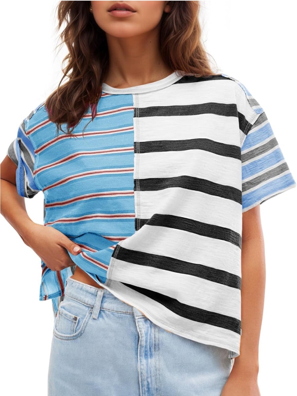 2 Women’s Mixed-Stripe Short Sleeve Tee in Multi-Color